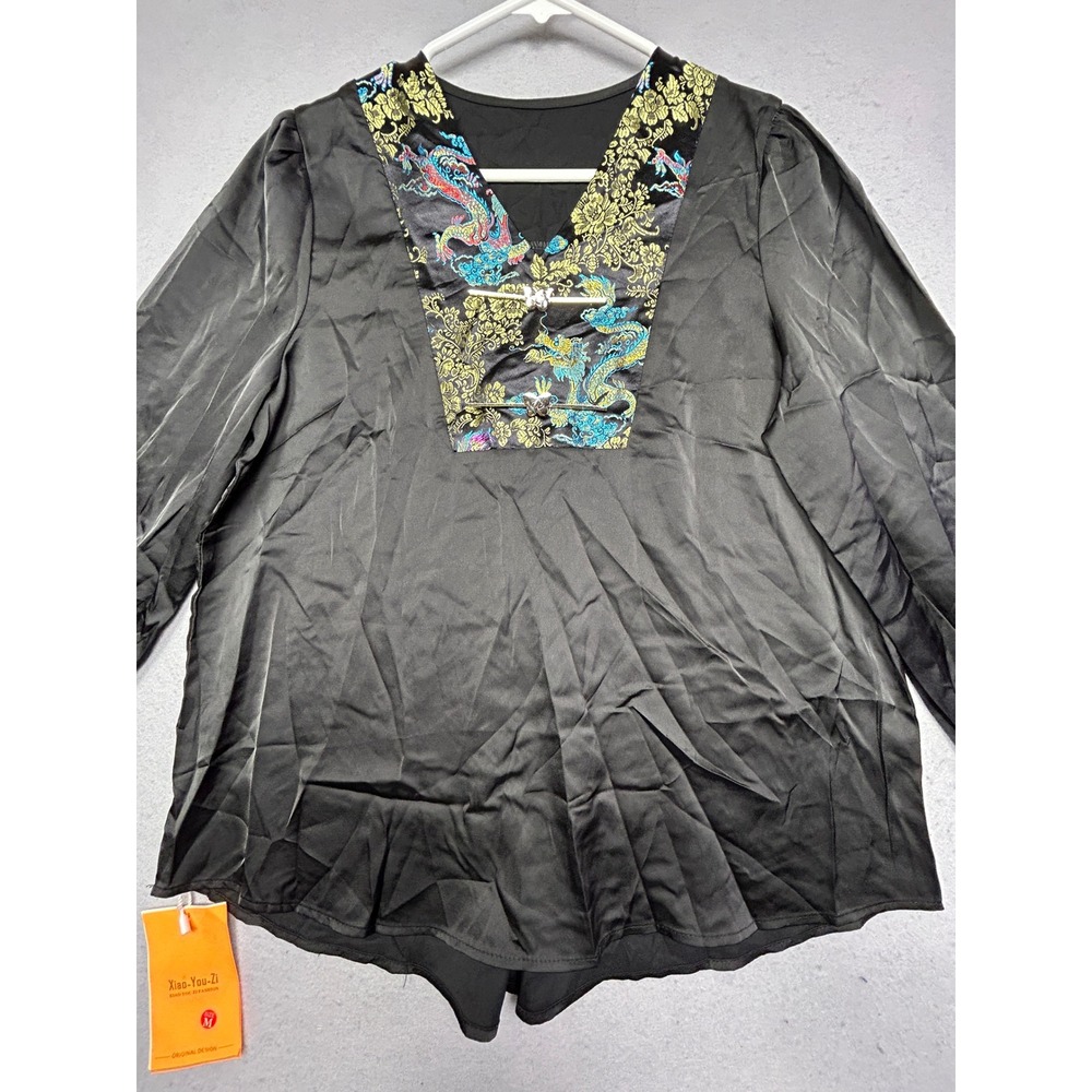 Xiao-You-Zi Blouse Satin Dragon Embroidery Black Medium Womens